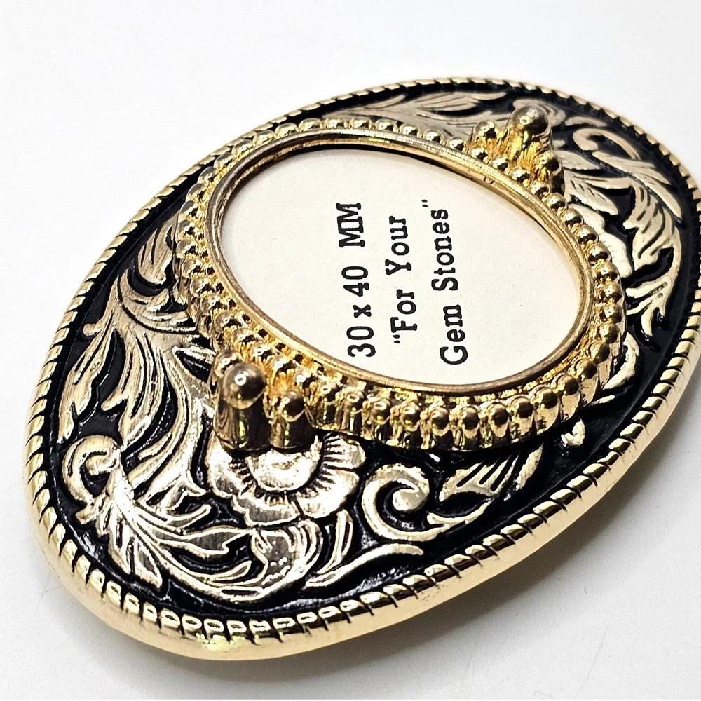 Western‎ Floral Belt Buckle Gold Black Oval 30x40mm Gemstone Setting Made in USA